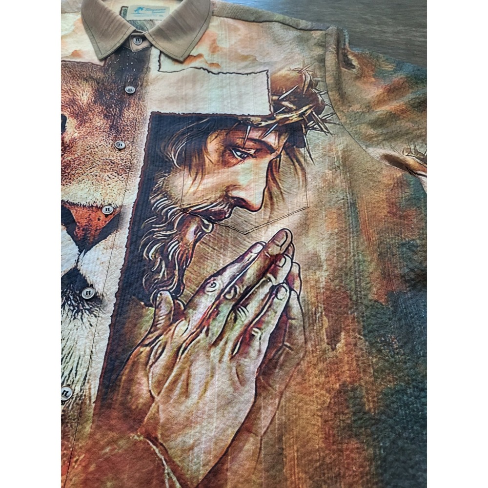 New Royaura Hawaiian‎ Shirt 3XL Red Gold Faith Jesus Cross Beach Soft Wear
